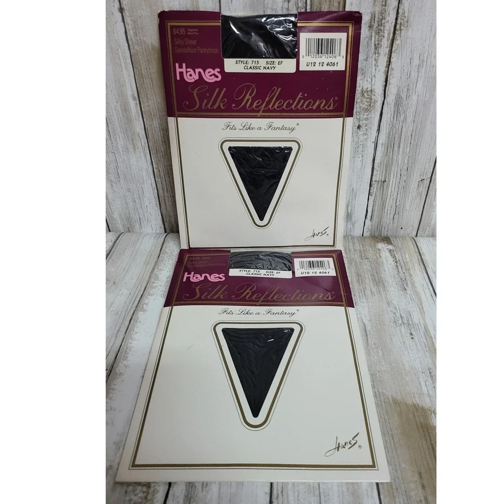 Vintage Hanes Silk Reflections Pantyhose Silky Sheer Sandalfoot Navy‎ Size EF